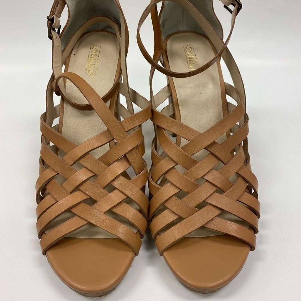 Seychelles Tan Leather Woven Stack Heel Sandals‎ - Picture 2 of 6